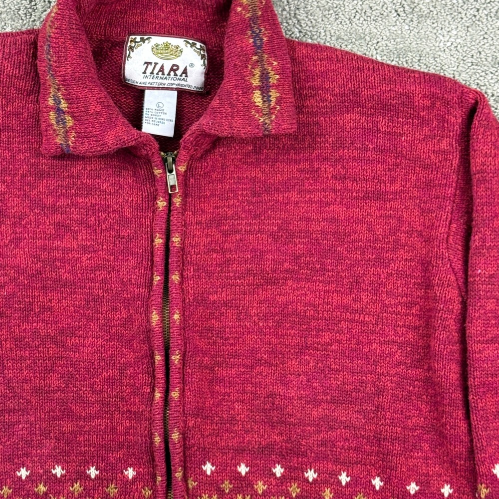 Tiara International Cardigan Women L Red Fair Isle Full Zip Knit Sweater Vintage